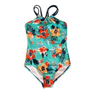 Kami Bright Teal Floral Print Strappy Halter Neck Swimsuit US 10